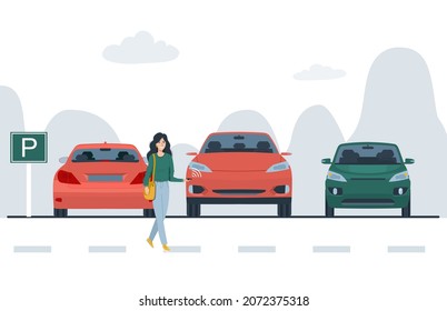 Woman in the parking lot looking for her car. Vector illustration.