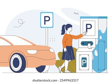 Woman with parking. Young girl pays for parking space for car and automobile. City infrastructure for transport. Electronic terminal. Linear vector illustration isolated on white background