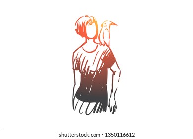 Woman, parrot, bird, animal concept. Hand drawn girl with a parrot on her shoulder concept sketch. Isolated vector illustration.