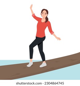 Woman participate in hike balancing on log thrown across river instead of bridge. Guy and two girls enjoy outdoor activities and hike in nature reserve with impenetrable terrain. Flat vector illustrat