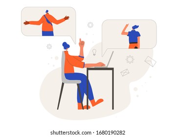 Woman participates in online meeting at home office. Freelancer sitting in her room and talking about tasks with her coworkers. Female person have a distant business meeting in quarantine. Vector flat