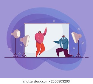 Woman participating in photo session. Flat vector illustration. Girl making pictures with professional photographer in studio. Photography, business, creativity, work concept for banner design