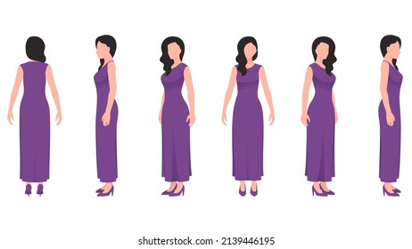 woman in party avatar, woman in long party dress, business character set vector illustration on white background. 