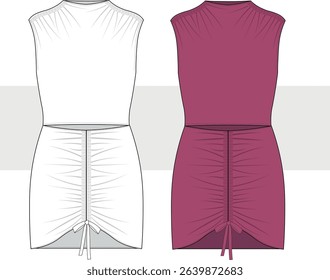 Woman party dress with gathered front sleeveless fashion technical drawing, illustration. Half turtle neck mini dress template, Cad, Mockup set. 