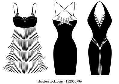 Woman party dresses.Vector black silhouettes of clothes isolated on white