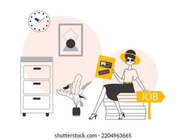 The woman passed the job test. Minimalistic linear style. Vector illustration.