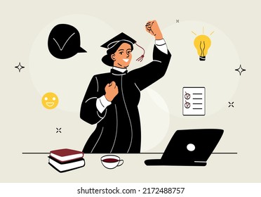 Woman passed online exam. Young girl studying at university or college remotely. Successful graduate raising his hands. Happy student taking test. Cartoon flat vector illustration in doodle style