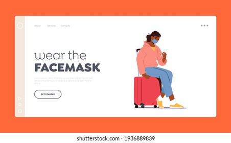 Woman Passenger on Summer Vacation Trip Landing Page Template. Female Character in Mask Sit on Luggage Hold Smartphone in Hands Waiting Departure in Airport during Covid. Cartoon Vector Illustration