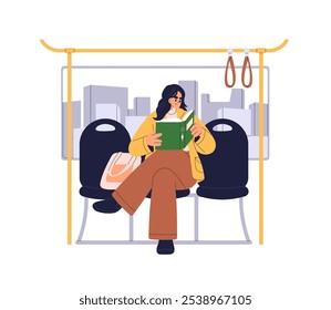 Passageiro mulher lendo livro enquanto está viajando no transporte público. Feliz viajante feminino viaja em ônibus urbano, vagão de metrô, sentada no assento. Ilustração de vetor plano isolada no plano de fundo branco