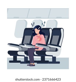 Una pasajera sentada en un asiento de avión y sufriendo un ataque de pánico. Ilustración de dibujos animados.