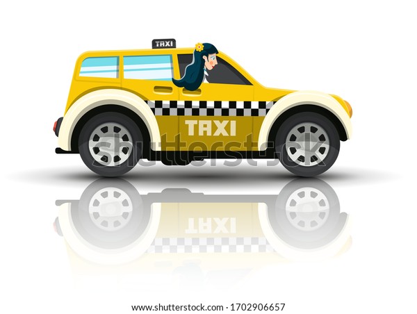 Woman Passenger in Yellow Taxi Car Isolated on\
White Background -\
Vector