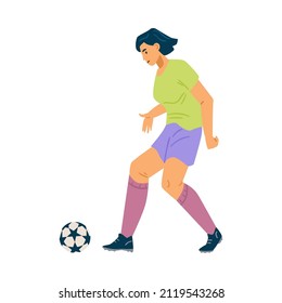 Woman passes the ball during soccer game, flat vector illustration isolated on white background. Concept of female football team and athletes.