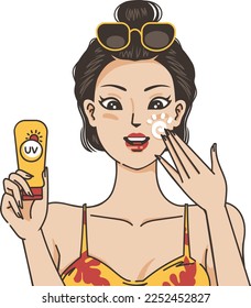 woman passes sunscreen on face