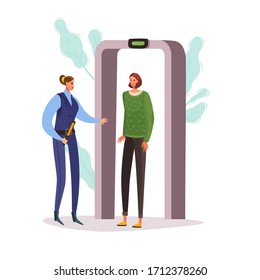 A woman passes through a metal detector. Check point at the airport. An airport employee checks the passenger. Cartoon flat style. Vector illustration in a white background