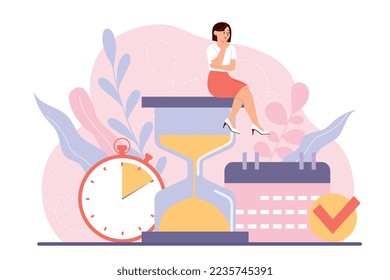 La mujer pasa el tiempo. Jovencita sentada en reloj al lado del calendario. Gestión del tiempo y organización de un flujo de trabajo eficiente. Definición de objetivos y concepto de motivación. Dibujo vectorial plano de dibujos animados