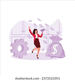 A woman is passionate about shooting money after business success. Save Money concept. Trend Modern vector flat illustration