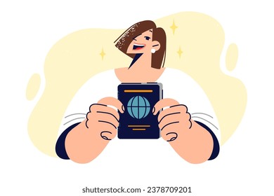 Woman with passport in hands allowing to travel around world or obtain visa from foreign country. Girl shows passport symbolizing citizenship for long-term life in country and right to vote