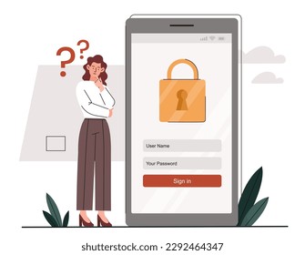 Woman with password concept. Young girl enters profile on smartphone. Authorization and verification. Security of personal data on Internet. Character forgot username. Cartoon flat vector illustration