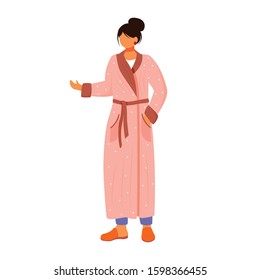 Woman in pastel bathrobe flat color vector illustration. Pink sleepwear. Girl wearing housecoat and slipers. Home dressed female in robe isolated cartoon character on white background