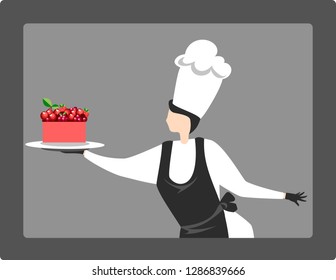 woman pastry chef with berry cake. vector illustration