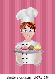 Woman Pastry Chef with Cupcakes Illustration in Striped Background