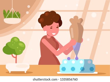 Woman pastry chef decorates a cake. Pastry bag 
Vector. Cartoon. Isolated art 
