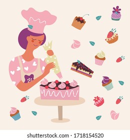 A woman pastry chef decorates cakes with cream. Vector illustration.