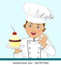 A woman pastry chef in a white hat. Cake on a platter. OK hand sign. Vector