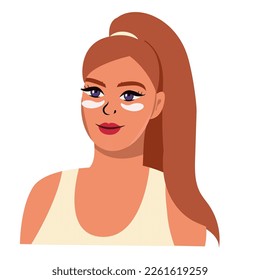 Woman with patches on her eyes. Treatment of wrinkles, pimples, bags under the eyes. Spa treatments at home. vector illustration.