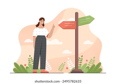 Woman with path selection. Young girl on road near signs and boards. Aspiring specialist chooses career path. Dilemma and decision. Flat vector illustration isolated on white background