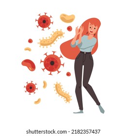 Woman with pathological anxiety of viral and microbial diseases. Fear and phobia of viruses or mysophobia, flat vector illustration isolated on white background.