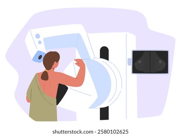 Woman patient cartoon character getting mammogram breast cancer screening on professional radiology medical equipment. Express accurate diagnosis and early stage detection vector illustration