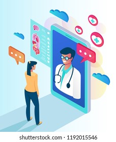 Woman patient character calling professional doctor by smartphone. Online web medicine clinic consultation concept. Vector flat cartoon isolated illustration