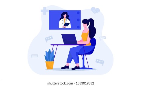 Woman patient character calling professional doctor by laptop.Online medical support.Modern healthcare technologies.