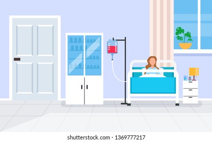 Woman Patient Character Laying In Doctor Office Aid Room. Medicine And Health Concept. Vector Flat Cartoon Graphic Design Illustration