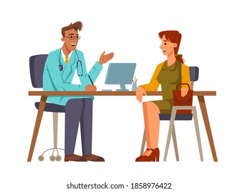 Woman patient at consultation at doctors. Appointment with family doc, lady discussing problems with health. general practitioner giving recommendations. Cartoon character, vector in flat style