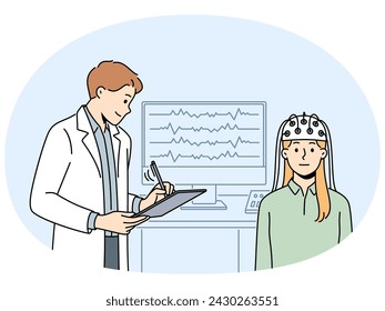 Paciente mujer que realiza un EEG en el hospital. Médico masculino examina a cliente mujer en clínica de neurología. Chequeo y examen neurológico. Ilustración vectorial.