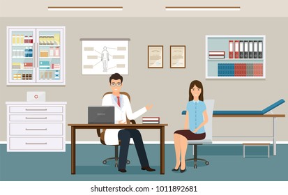 Woman patient at a doctor's consultation in clinic office. Male doctor in uniform and female patient characters sitting in consulting room. Vector illustration. Hospital working in healthcare concept.