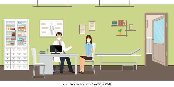 Woman patient at doctor's consultation in clinic office. Male doctor and female patient characters in medical masks sitting in consulting room. Vector illustration. Hospital healthcare concept.