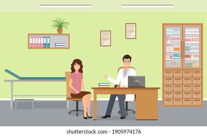 Woman Patient At Doctors Consultation In Clinic Office. Male Doctor In Uniform And Female Character In Consulting Room. Vector Illustration.