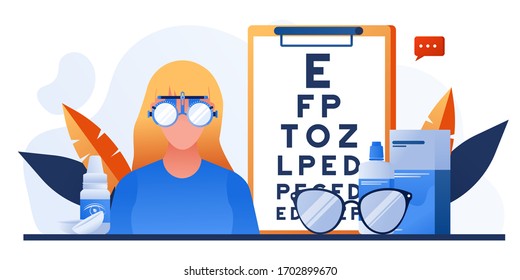 Woman patient eye test. Ophthalmology concept banner, infographics, website. Eye tests and prescription glasses. Ophthalmologic office with lens, drops, eye chart.  Ophthalmological correction clinic