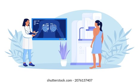 Woman patient getting breast screening test, mammography on x-ray machine. Doctor oncologist diagnose oncology, breast cancer. Mammogram Fluorography on screen. Healthcare and medical examination