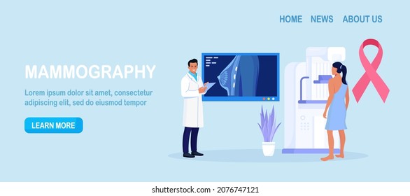 Woman patient getting breast screening test, mammography on x-ray machine. Doctor oncologist diagnose oncology, breast cancer. Mammogram Fluorography on screen. Healthcare and medical examination