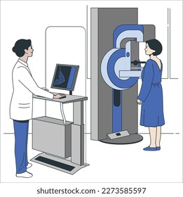 Woman patient getting breast screening test, mammography on x-ray machine. Doctor oncologist diagnose oncology, breast cancer. Mammogram Fluorography on screen. Healthcare and medical examination