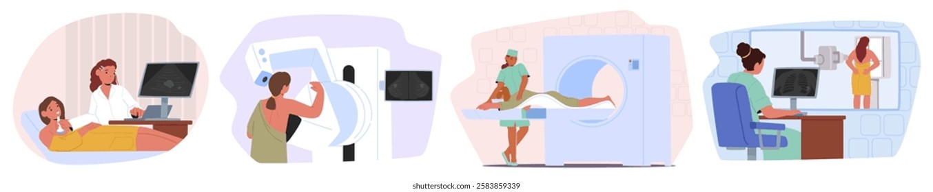 Woman patient getting ultrasound, MRI, tomography breast cancer medical screening in professional clinic cartoon scene. Doctor radiologist providing diagnostic procedure for female vector illustration