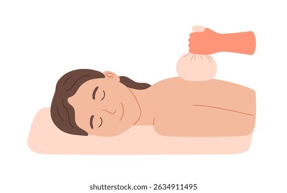 Paciente mulher deitada no sofá em massagem tailandesa com bolsa. Tratamento relaxante do corpo. Ilustração vetorial