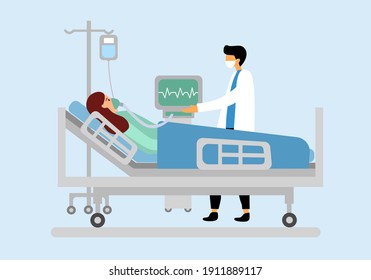 Woman patient on artificial lung ventilation in intensive care unit. Patient infected by Covid19 Coronavirus and get treatment in hospital. Doctor is treating a woman lying on bed in hospital room.	
