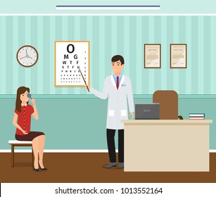 Woman patient at a ophthalmologist doctor's consultation in clinic office. Male oculist doctor in uniform and female patient characters sitting in consulting room. Vector illustration.