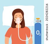 Woman patient with oxygen therapy in flat design. Lung or respiratory system disease. Breathing problem.