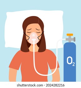 Woman patient with oxygen therapy in flat design. Lung or respiratory system disease. Breathing problem.